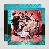 青いアクアマリン ダマスク ビーチ ウェディング モノグラム 招待状 (正面/裏面)