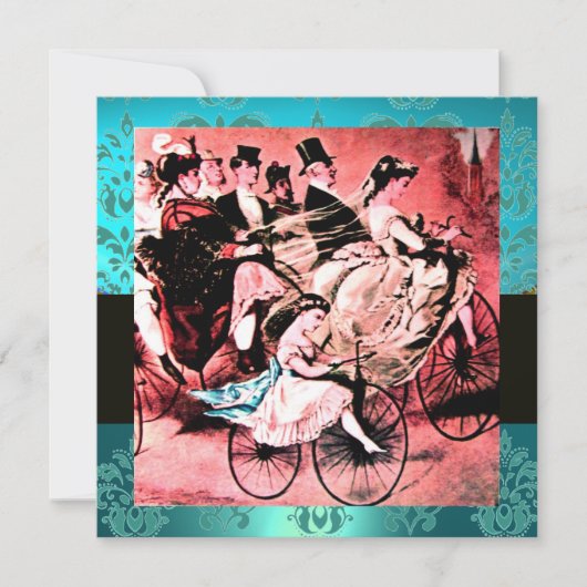 青いアクアマリン ダマスク ビーチ ウェディング モノグラム 招待状 (正面)