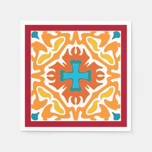 青いアクセントスペインのを持つ燃えるようなオレンジ色のタイル スタンダードカクテルナプキン (正面)