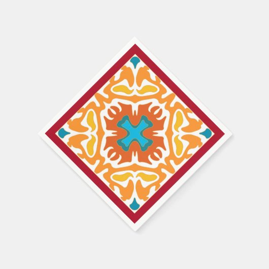 青いアクセントスペインのを持つ燃えるようなオレンジ色のタイル スタンダードカクテルナプキン (角)