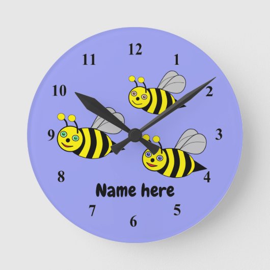 青いアクリルの壁時計に3匹の蜂 ラウンド壁時計 (正面)