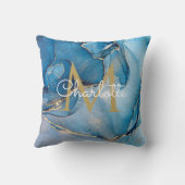 青いアゲイト金ゴールドモノグラムモダンスクリプト クッション (裏面)