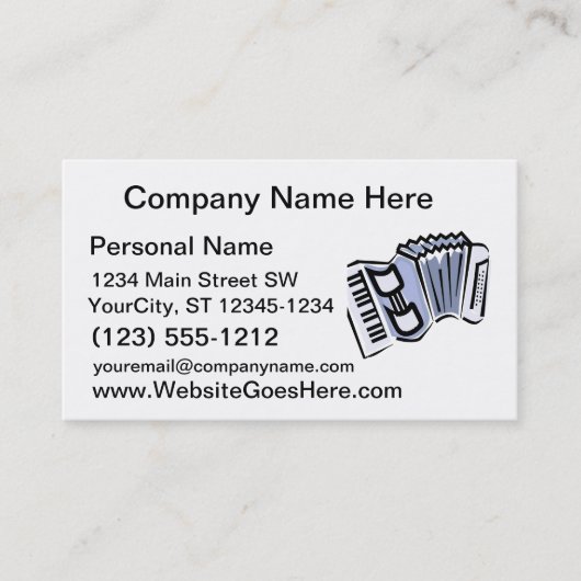 青いアコーディオンの写実的なイメージのデザイン、音楽 名刺 (正面)