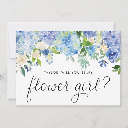 青いアジサイとアイボリーのローズのフラワーガールプロポーズ 招待状 (正面)