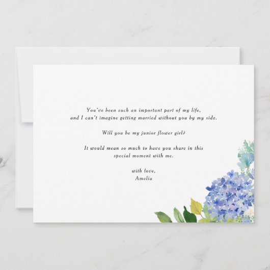 青いアジサイとアイボリーのローズのフラワーガールプロポーズ 招待状 (裏面)