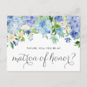 青いアジサイとアイボリーのローズのマトロン・オブ・オナー インビテーションポストカード (正面)
