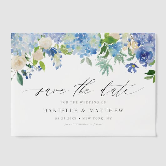 青いアジサイとアイボリーバラ日付の保存 ベラム紙招待状 (正面)