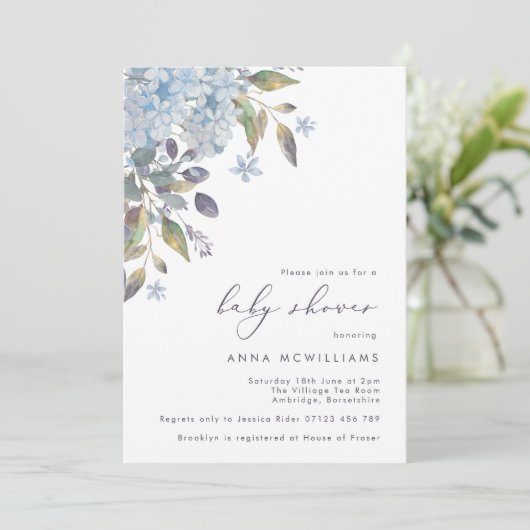 青いアジサイとカリグラフィーのベビーシャワー 招待状 (スタンド正面)