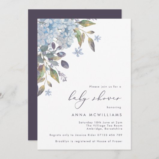 青いアジサイとカリグラフィーのベビーシャワー 招待状 (正面/裏面)