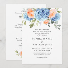 青いアジサイとバラのブッシュピンクのウェディングオールインワン 招待状