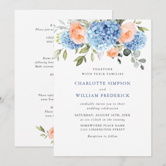 青いアジサイとピンクのバラのウェディングオールインワン 招待状 (正面/裏面)