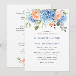 青いアジサイとピンクのバラのウェディングオールインワン 招待状