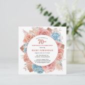 青いアジサイとピンクのバラの花の70歳の誕生日 招待状 (スタンド正面)
