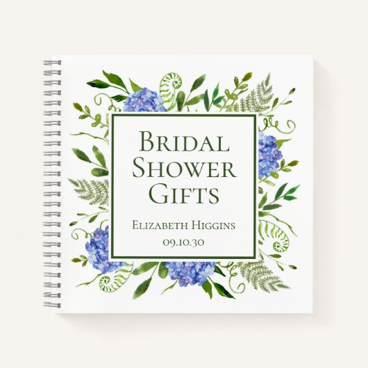 青いアジサイのウェディングシャワーのギフト ノートブック (正面)