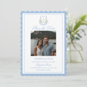 青いアジサイのクレストモノグラム結婚式招待状 セーブザデート (スタンド正面)