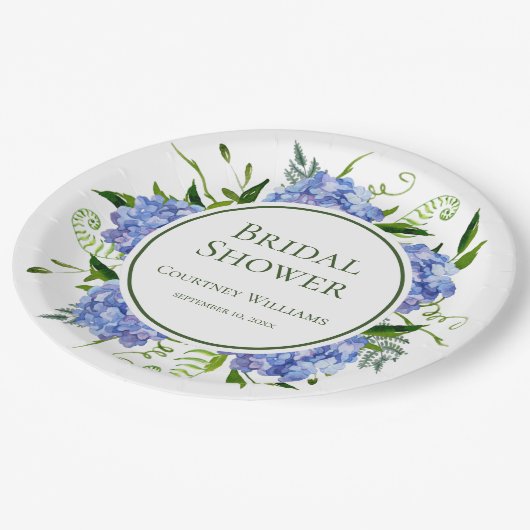 青いアジサイのブライダルシャワー ペーパープレート (アングル)