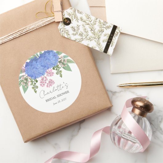 青いアジサイのモダンな花のブライダルシャワー ラウンドシール (ギフト)