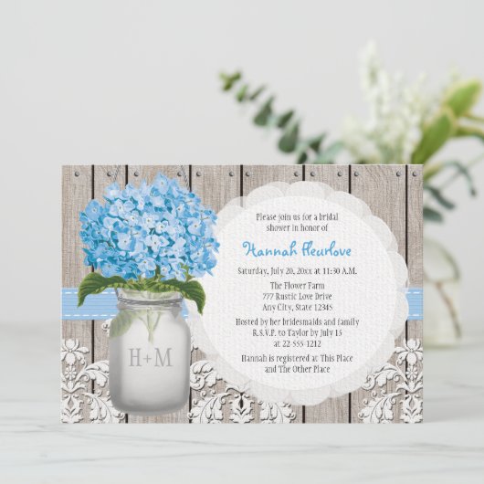 青いアジサイのモノグラムのなメーソンジャーのブライダルシャワー 招待状 (スタンド正面)