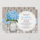 青いアジサイのモノグラムのなメーソンジャーのブライダルシャワー 招待状 (正面/裏面)
