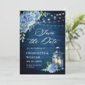 青いアジサイのランタン ネイビー ウッド ウェディング セーブザデート (スタンド正面)