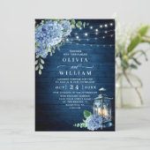 青いアジサイのランタン ネイビー ウッド ウェディング 招待状 (スタンド正面)