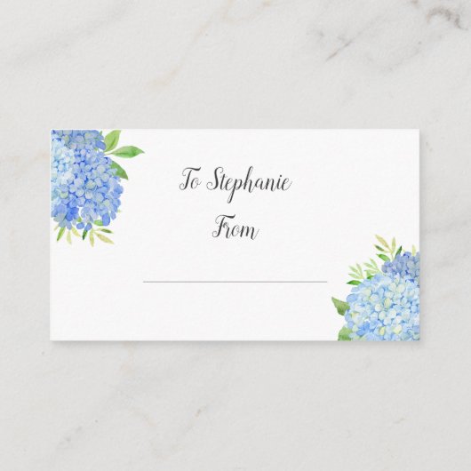 青いアジサイの植物学的なブライダルディスプレイシャワー エンクロージャーカード (裏面)