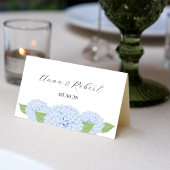 青いアジサイの水彩折りたたみ式プレースカード テーブルナンバー