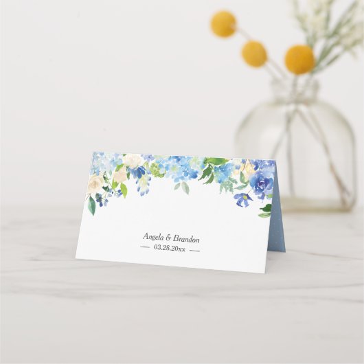 青いアジサイの水彩花のウェディングテーブル プレイスカード (裏面)