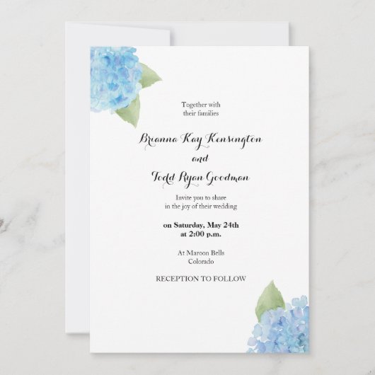 青いアジサイの水彩花イラスト招待状 招待状 (正面)