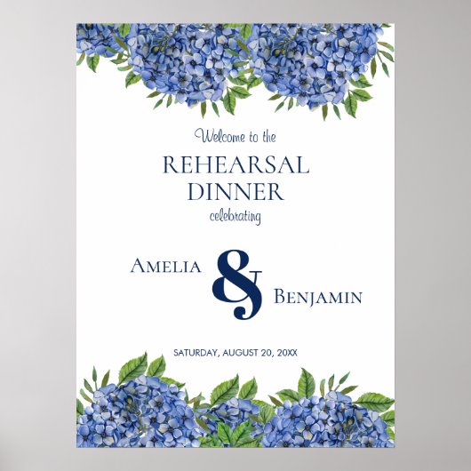青いアジサイの結婚式リハーサルディナー看板 ポスター (正面)