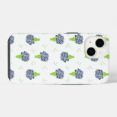 青いアジサイの花と緑の花瓶のフラワーパターン iPhoneケース (裏面横)