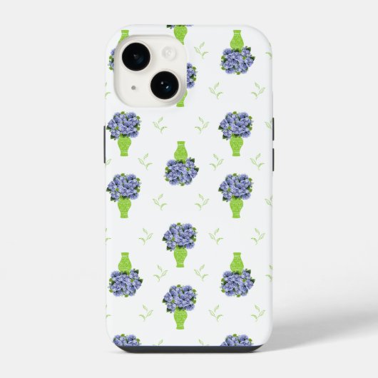青いアジサイの花と緑の花瓶のフラワーパターン iPhoneケース (裏面)