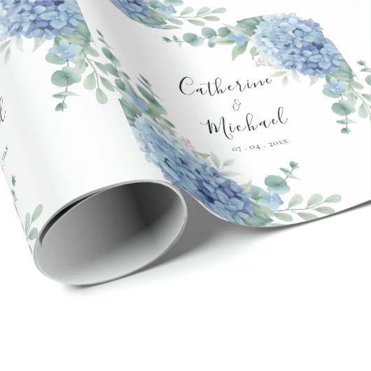 青いアジサイの花のウェディングギフト包装紙 ラッピングペーパー (ロールコーナー)