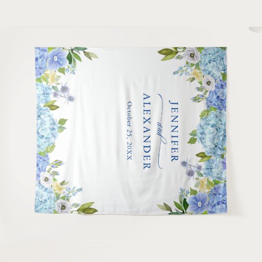 青いアジサイの花のウェディングフォトブースの背景 タペストリー (正面(横))