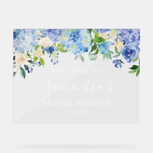 青いアジサイの花のウェルカムサイン ブライダルシャワー アクリルサイン (正面)
