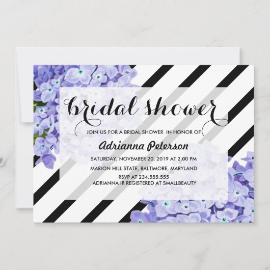 青いアジサイの花のストライプ柄の結婚前お披露目パーティー 招待状 (正面)