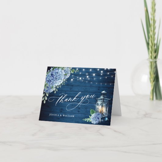 青いアジサイの花のランタン ネイビー ウッド ウェディング サンキューカード (正面)