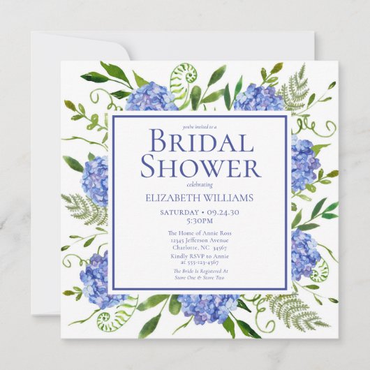 青いアジサイの花の水彩ウェディングシャワー 招待状 (正面)