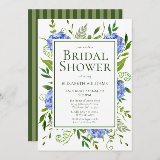 青いアジサイの花の水彩ウェディングシャワー 招待状 (正面/裏面)