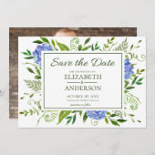 青いアジサイの花の水彩写真 ウェディング セーブザデート (正面/裏面)