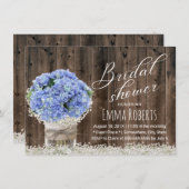 青いアジサイの花の瓶の納屋木ブライダルシャワー 招待状 (正面/裏面)