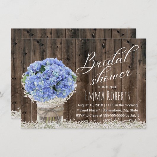 青いアジサイの花の瓶の納屋木ブライダルシャワー 招待状 (正面/裏面)