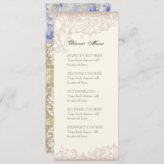 青いアジサイの花の結婚式を愛して下さい及び大事にして下さい メニュー (正面/裏面)