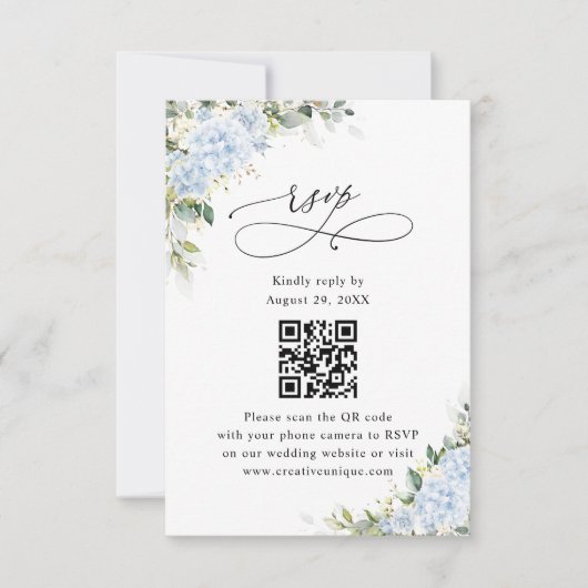青いアジサイの花の結婚式ウェブサイトQRコードRSVP 出欠カード (正面)