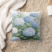 青いアジサイの花の絵 青いストライプ クッション (ブランケット)