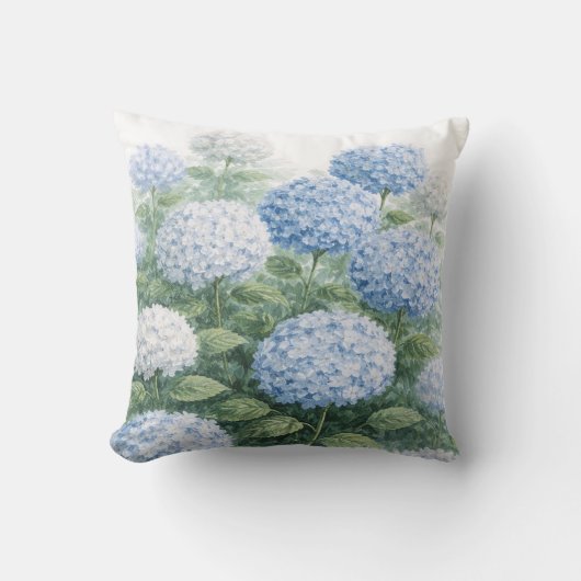 青いアジサイの花の絵 青いストライプ クッション (正面)