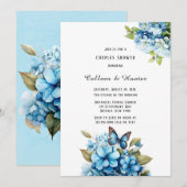 青いアジサイの花の蝶のカップルシャワー 招待状 (正面/裏面)