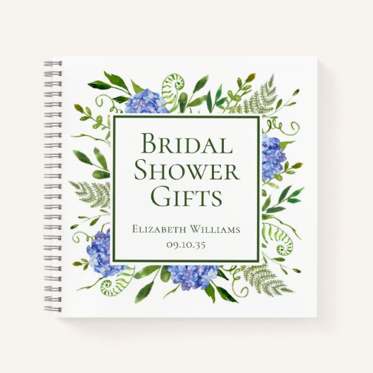 青いアジサイの花の ブライダルシャワーのギフト ノートブック (正面)