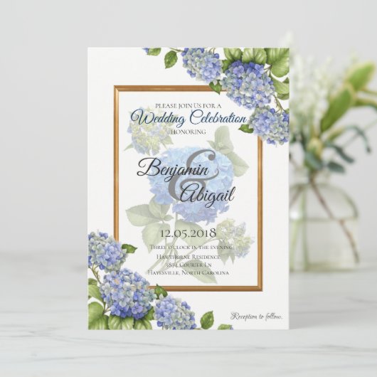 青いアジサイの花束の金ゴールドのエレガントな花の結婚式 招待状 (スタンド正面)