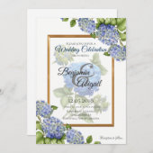 青いアジサイの花束の金ゴールドのエレガントな花の結婚式 招待状 (正面/裏面)